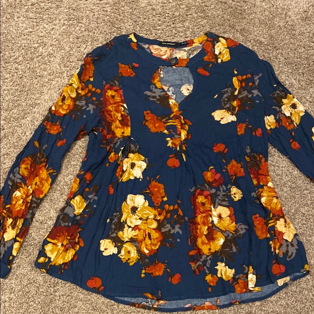 Blue and Yellow Cut Out Long Sleeve Blouse
